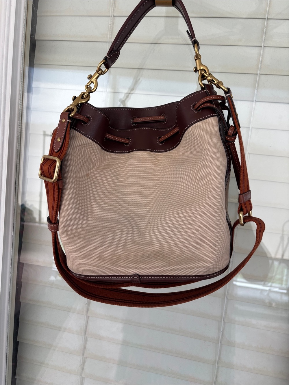 Coach Beige Canvas and Brown Leather Bucket Shoulder Bag w/crossbody strap - Picture 6 of 14